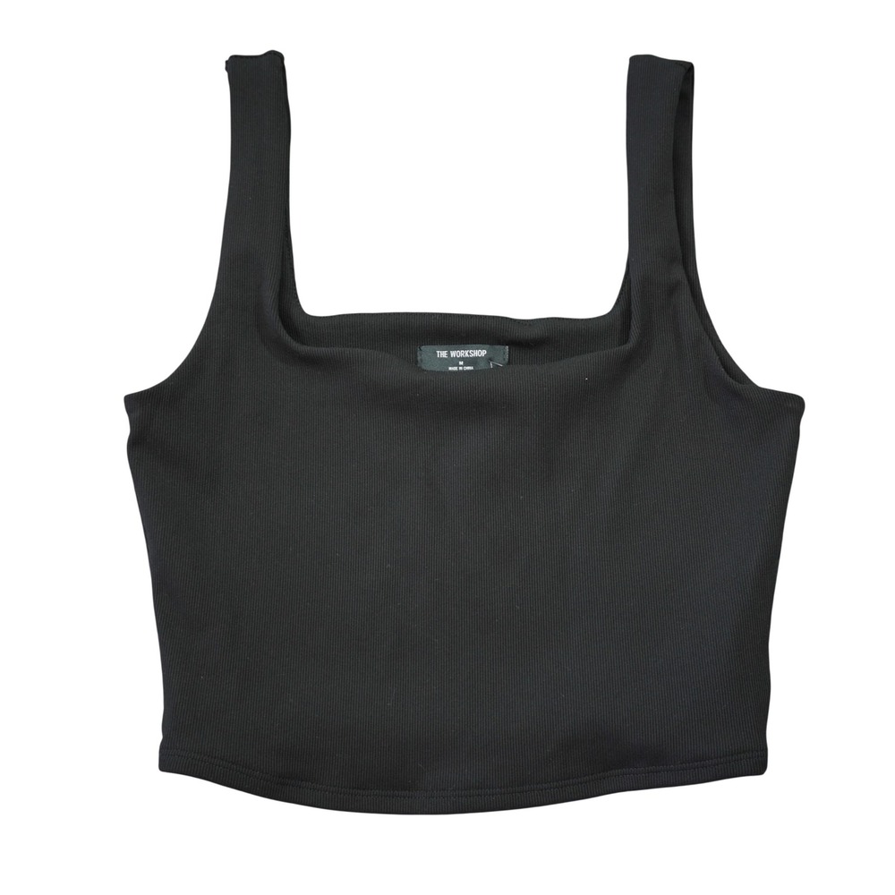 The Workshop Black Ribbed Square Neck Crop Top Sleeveless Knit Size Medium NEW